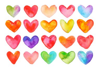 Renkli kalpler suluboya kümesi. El çizimi boyalı. Kiti 2.