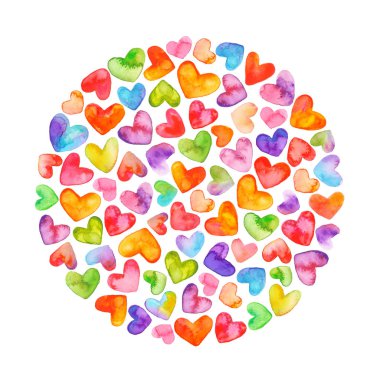 Suluboya Mutlu Sevgililer Günü Gökkuşağı Hearts Circle. Beyaz üzerine izole . Elle çizilmiş kalpler.