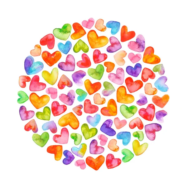 Suluboya Mutlu Sevgililer Günü Gökkuşağı Hearts Circle. Beyaz üzerine izole . Elle çizilmiş kalpler.