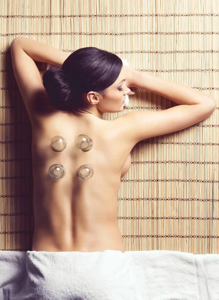Traditional Hot Jar Cupping Massage Spa Young Beautiful Healthy Girl — Stock Photo, Image