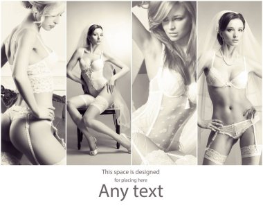 Siyah ve beyaz gelin iç çamaşırı koleksiyonu. Seksi kadın beyaz çamaşırlarıyla poz. İç çamaşırı kolaj.