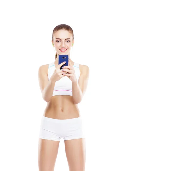 Mujer Joven Forma Deportiva Aislada Sobre Fondo Blanco Concepto Salud —  Fotos de Stock