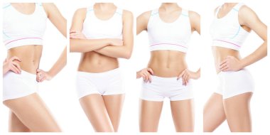 Beyaz arka plan üzerinde izole sağlıklı, sportif ve güzel kız. Kadın fitness egzersiz koleksiyonundaki. Beslenme, diyet, spor ve vücut bakım kavramı.