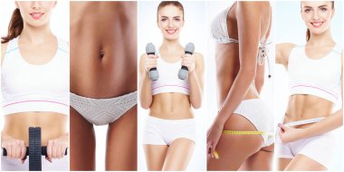 Güzel ve sağlıklı fitness egzersiz kadında. İzole kolaj. Spor, beslenme, sağlık ve kilo kaybı kavramı.