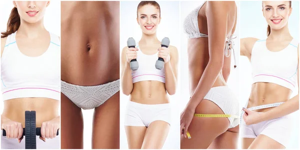 Smuk og fit kvinde i fitness træning. Isoleret collage. Sport, ernæring, sundhed og vægttab koncept . - Stock-foto # 