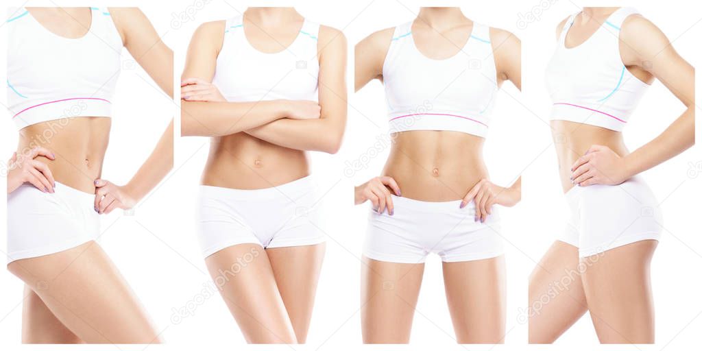 Healthy, sporty and beautiful girl isolated on white background. Woman in a fitness workout collection. Nutrition, diet, sport and body care concept.