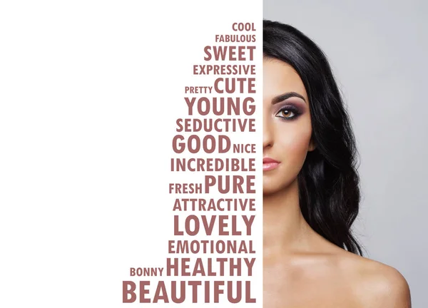Retrato Menina Fresca Jovem Bonita Conceito Maquiagem Cosméticos Palavra Mosaico — Fotografia de Stock