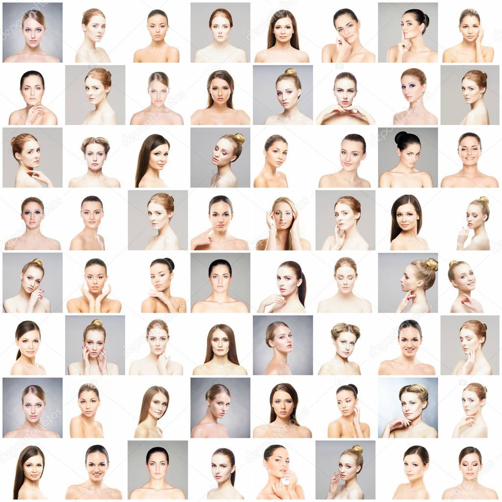 Collage of beautiful, healthy and young spa female portraits. Faces of different women. Face lifting, skincare, plastic surgery and make-up concept collection.
