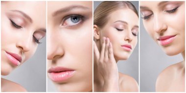 Genç ve sağlıklı kız kolaj güzel yüzü. Plastik cerrahi, Cilt Bakımı, kozmetik ve yüz toplama kavramı kaldırma.