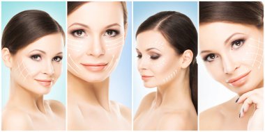 Genç ve sağlıklı kız kolaj güzel yüzü. Plastik cerrahi, Cilt Bakımı, kozmetik ve yüz toplama kavramı kaldırma.