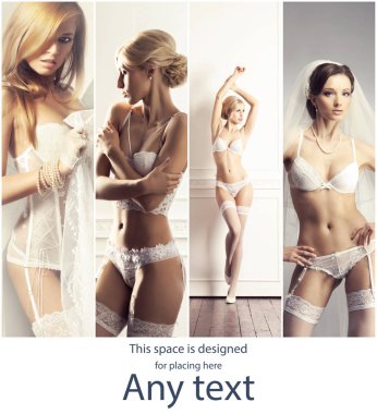 Gelin iç çamaşırı kavramı koleksiyonu. Genç, güzel ve seksi kızlar beyaz iç çamaşırı.