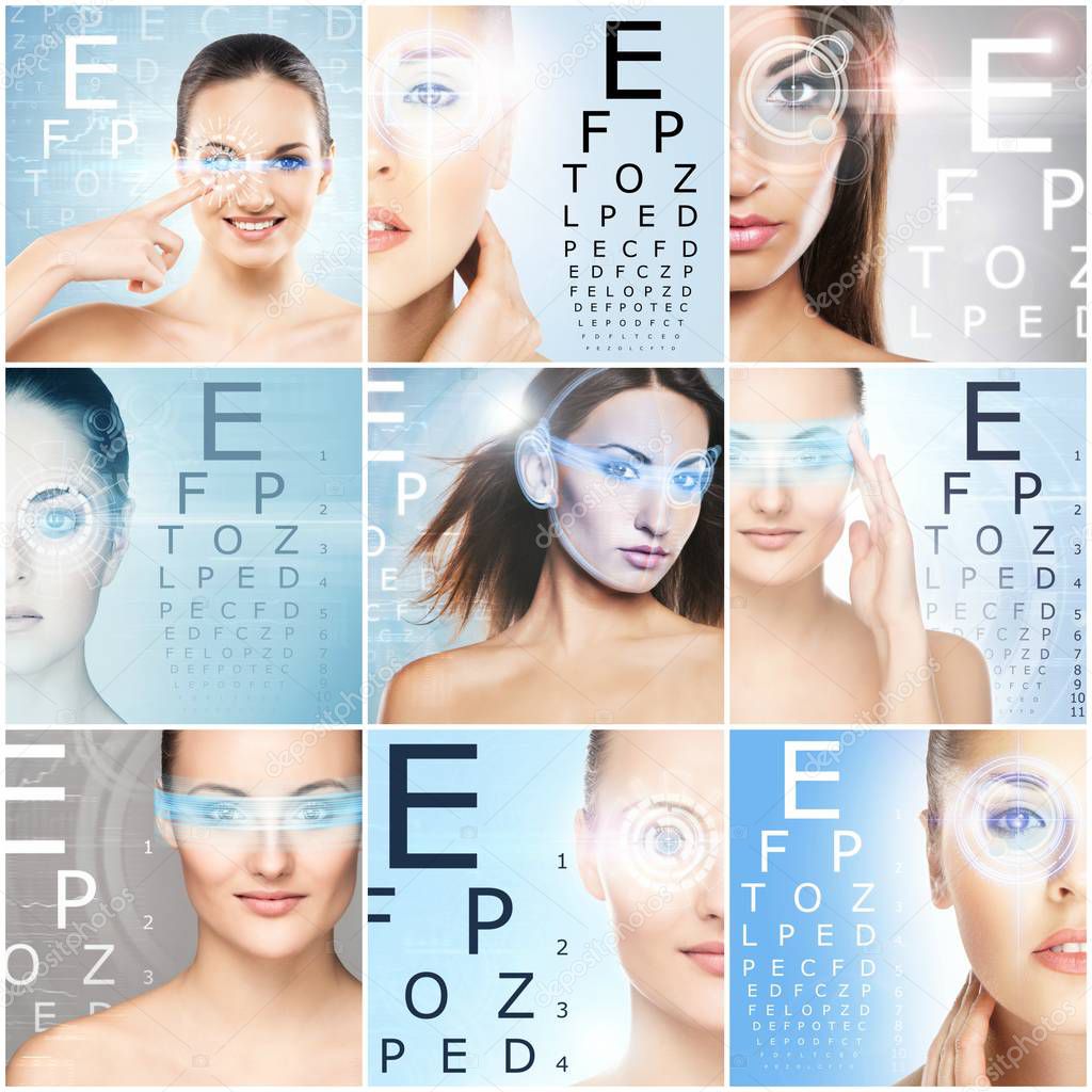 Healthy women with a laser hologram on eyes. Collage about eye scanning technology, ophthalmology and surgery. Futuristic concept.