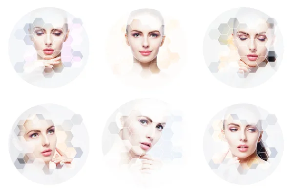 Collage Kvinnliga Porträtt Friska Ansikten Unga Kvinnor Spa Ansikte Lyft — Stockfoto