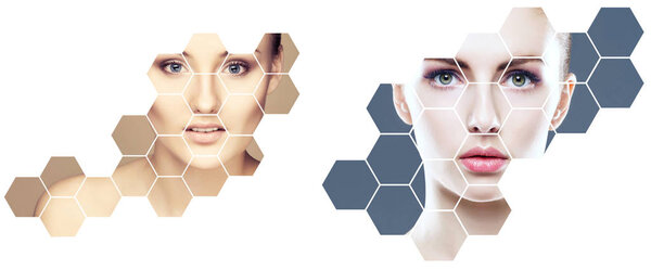 Красивое лицо молодой и здоровой девушки в коллаже. Пластическая хирургия, уход за кожей, косметика и подтяжка лица
.