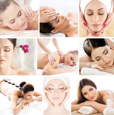 Geleneksel oryantal aroma terapi almak ve tedaviler masaj genç, güzel ve sağlıklı kadın. Kız spa salonu rahatlatıcı. Sağlık ve tıp kavramı kolaj.