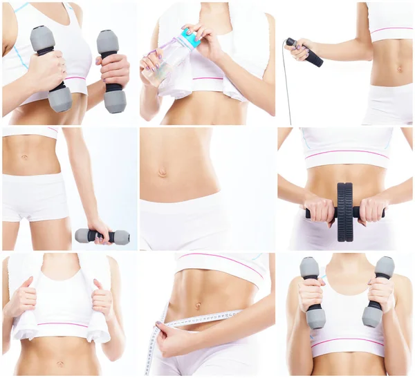 Mooi Fit Vrouw Een Fitnesstraining Geïsoleerde Collage Sport Voeding Gezondheid — Stockfoto