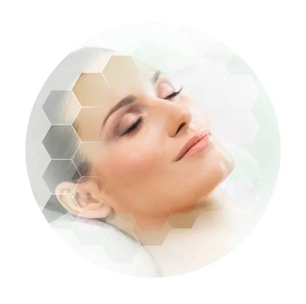 Young Beautiful Woman Spa Collage Honeycomb Mosaic Tiles Healing Massaging — Stock Photo, Image