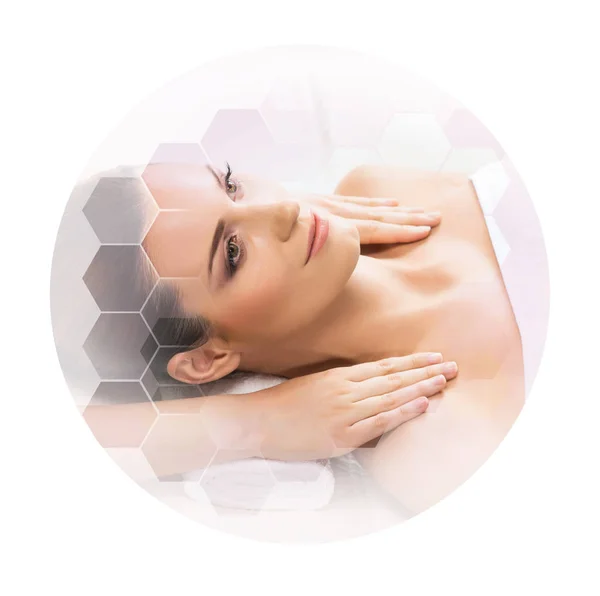 Young Beautiful Woman Spa Collage Honeycomb Mosaic Tiles Healing Massaging — Stock Photo, Image
