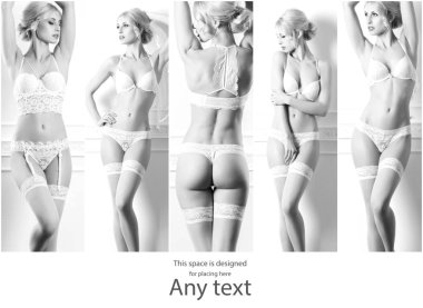 İç çamaşırı seksi ve güzel gelinler. Genç moda model seksi iç çamaşırlarıyla poz. Siyah ve beyaz kavramı kolaj.