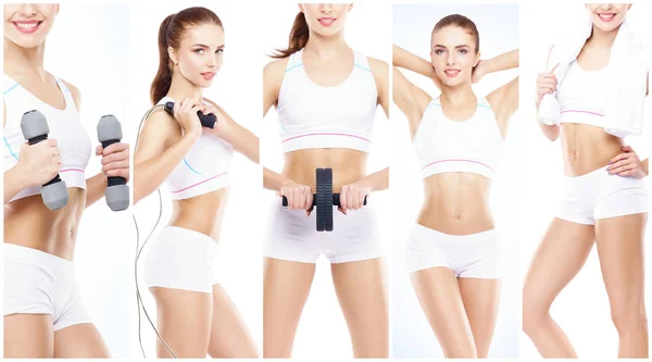 Beyaz Izole Sağlıklı Sportif Güzel Kız Kadın Fitness Egzersiz Koleksiyonundaki — Stok fotoğraf