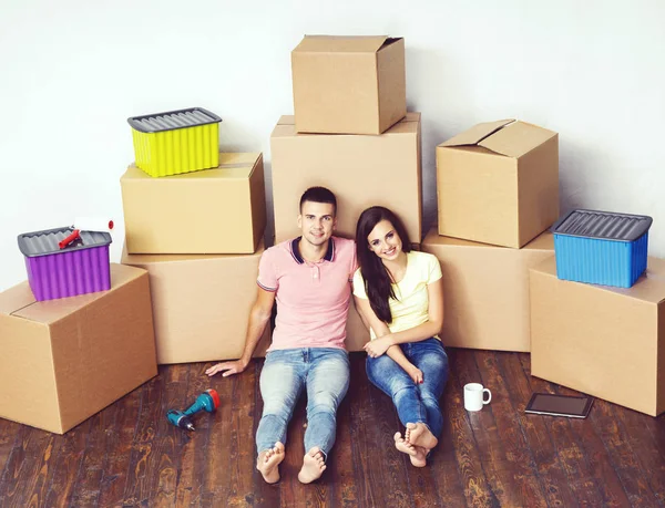 Young Loving Couple Moving New House Man Woman Tools Boxes Stock Image