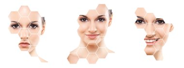 Genç ve sağlıklı kız kolaj güzel yüzü. Plastik cerrahi, Cilt Bakımı, kozmetik ve yüz toplama kavramı kaldırma.