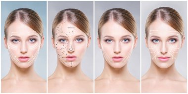 Genç ve sağlıklı kız kolaj güzel yüzü. Plastik cerrahi, Cilt Bakımı, kozmetik ve yüz toplama kavramı kaldırma.