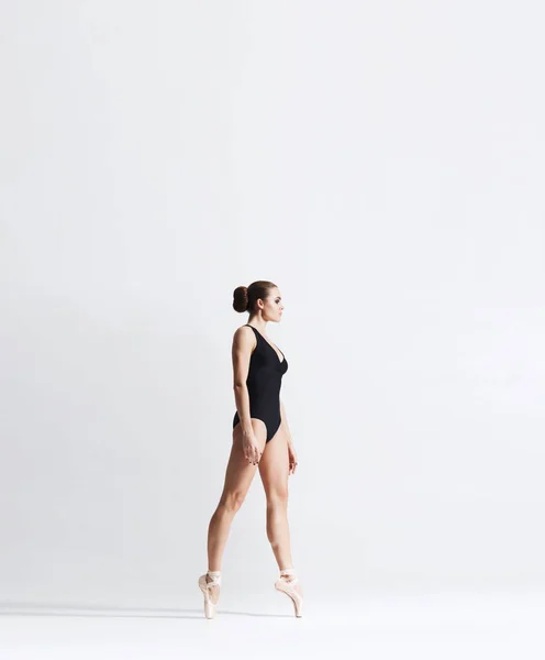 Ballerina Point Shoes Bodysuit Dancing Studio Young Graceful Female Ballet — Stock Photo, Image