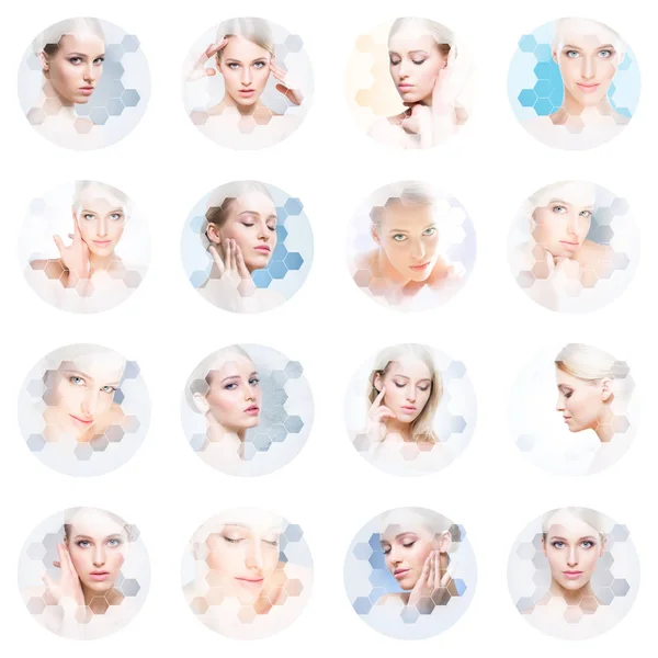 Vackra Ansikte Ung Och Frisk Flicka Collage Plastikkirurgi Hudvård Kosmetika — Stockfoto