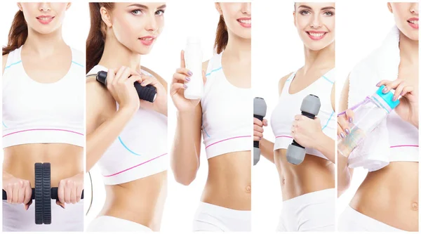Mulher Bonita Apta Treino Fitness Colagem Isolada Esporte Nutrição Saúde — Fotografia de Stock
