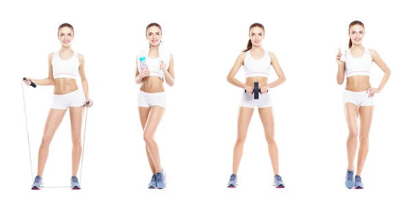 Mujer Hermosa Forma Entrenamiento Fitness Collage Aislado Concepto Deporte Nutrición — Foto de Stock