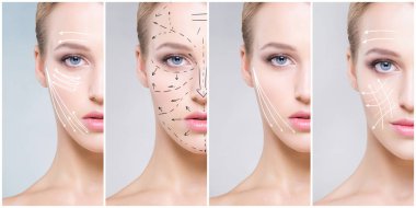 İnsan yüzü bir kolaj. Genç ve sağlıklı kadın plastik cerrahi, tıp, spa ve yüz kavramı koleksiyonu kaldırma.
