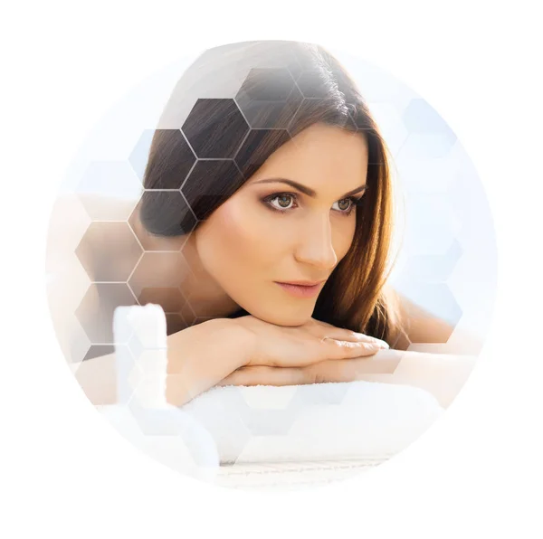 Young Beautiful Woman Spa Collage Honeycomb Mosaic Tiles Healing Massaging — Stock Photo, Image