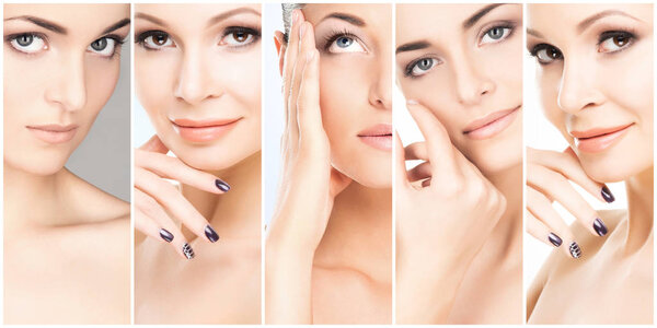 Озил, здоровая и молодая коллекция женских портретов. Коллаж различных женщин лица. Подтяжка лица, кожа, пластическая хирургия и концепция макияжа.