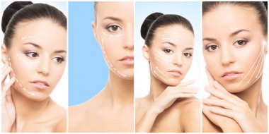 Kolaj kadın portre. Genç kadın sağlıklı yüzleri. Spa, kaldırma, plastik cerrahi kavramı yüz.