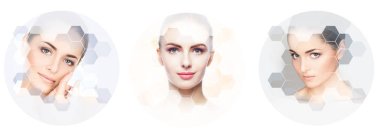 Genç ve sağlıklı kız kolaj güzel yüzü. Plastik cerrahi, Cilt Bakımı, kozmetik ve yüz toplama kavramı kaldırma.