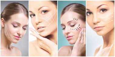 Güzel, sağlıklı ve genç kadın portreleri koleksiyonu. Farklı kadın yüzleri kolajı. Yüz gerdirme, cilt bakımı, estetik ameliyat ve makyaj konsepti..