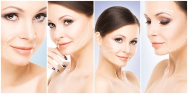 Kolaj kadın portre. Genç kadın sağlıklı yüzleri. Spa, kaldırma, plastik cerrahi kavramı kolaj yüz.
