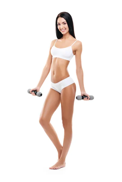 Giovane Sportiva Forma Ragazza Pompare Manubri Isolati Bianco Sport Fitness — Foto Stock