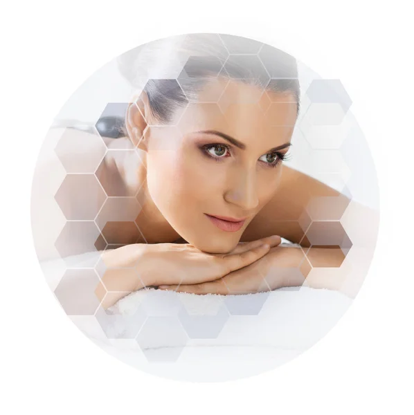 Young and beautiful woman in spa. Collage with honeycomb tiles. Healing and massaging concept. — Stock Photo, Image