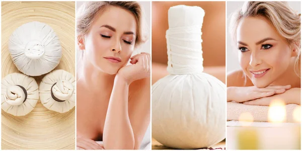 Collage with young and healthy woman relaxing in spa salon. Girl getting traditional oriental aroma therapy and massaging treatments. — Stock Photo, Image