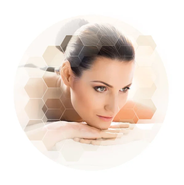Young and beautiful woman in spa. Collage with honeycomb tiles. Healing and massaging concept. — Stock Photo, Image