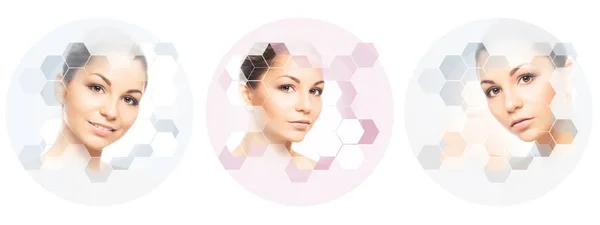 Menselijk gezicht in een collage. Jonge en gezonde vrouw in plastische chirurgie, geneeskunde, Wellness en gezicht opheffing concept collectie. — Stockfoto