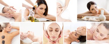 Genç ve sağlıklı bir kadın rahatlatıcı spa salonda ile kolaj. Geleneksel oryantal aroma terapi almak ve tedaviler masaj kız.