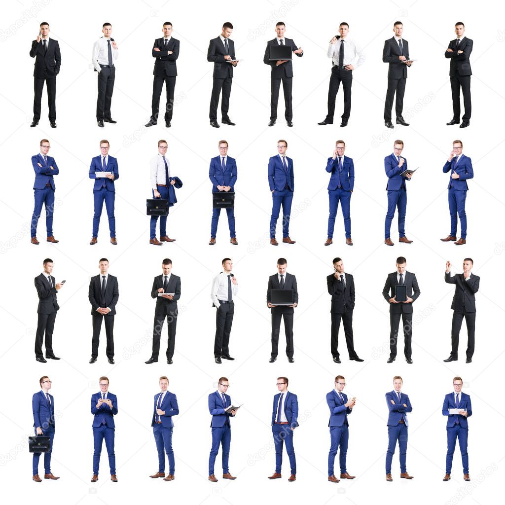 Set of business people isolated on white. Businessman collage.