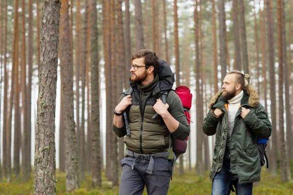 Koncept Camp Dobrodružství Cestování Přátelství Muž Batohem Vousy Jeho Přítel — Stock fotografie