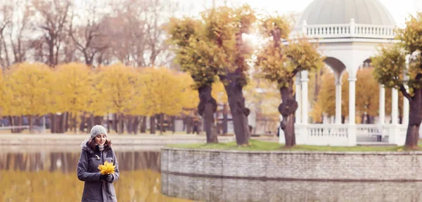 Vacker Kvinna Promenader Parken Attraktiva Flicka Över Säsongens Höst Bakgrund — Stockfoto