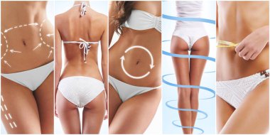 Sağlıklı, sportif ve güzel kadın vücut kolaj. Kadın fitness egzersiz koleksiyonundaki. Beslenme, diyet, spor ve vücut bakım kavramı.