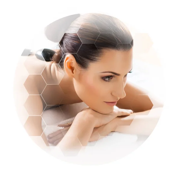 Young Beautiful Woman Spa Collage Honeycomb Mosaic Tiles Healing Massaging — Stock Photo, Image