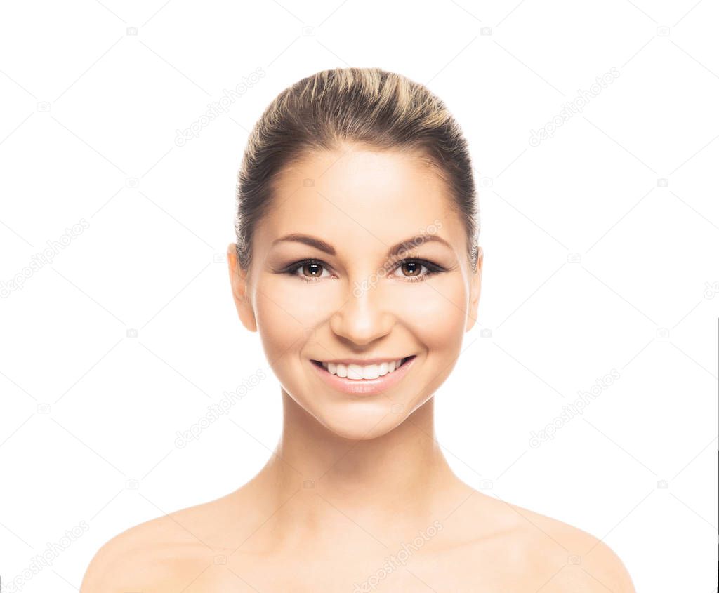 Human face isolated on white background. Spa portrait of beautiful, fresh and healthy woman.